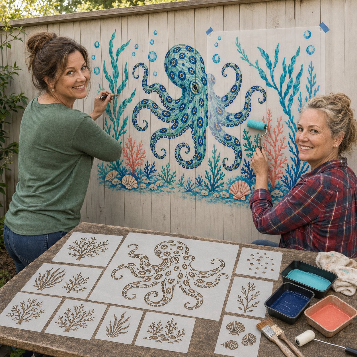 🔥 LAST DAY 49% OFF – 🐙Reusable Ocean Octopus Mural Stencil Set | Bring Plain Walls & Fences to Life with a Bold Underwater Scene 🌊🎨✨