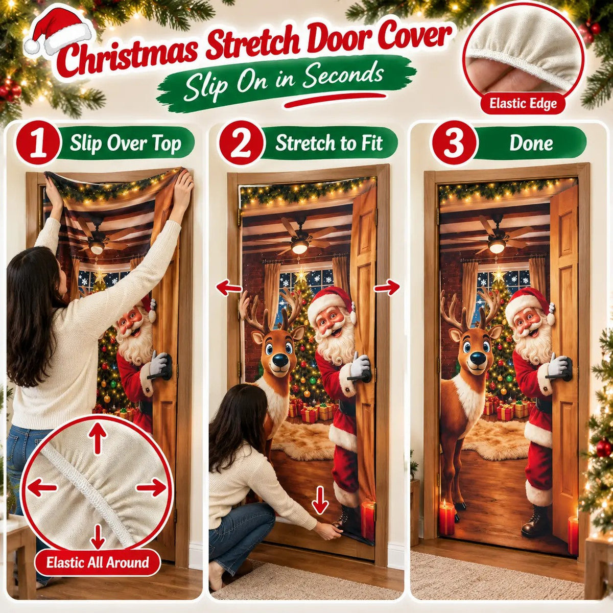 Christmas Door Cover - Stretch Fit Santa & Reindeer Door Decoration with 4-Side Elastic Edges🎅 - image 6