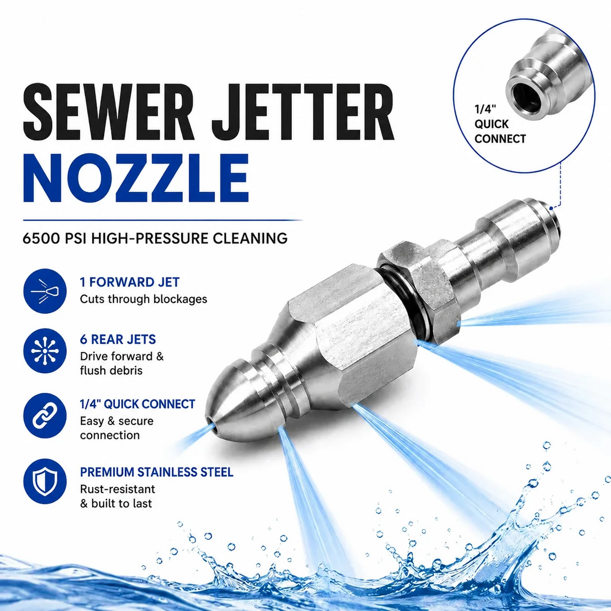 6500 PSI Stainless Steel Sewer Jetter Nozzle – 1/4" Quick Connect Drain Cleaning Attachment for Pressure Washers