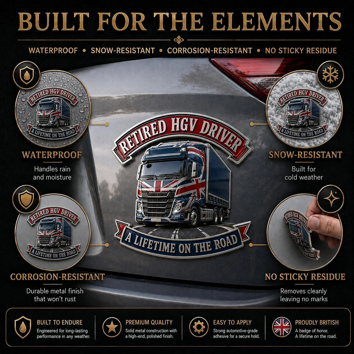 👑🚚British Retired HGV Driver “A Lifetime on the Road” Tribute Metal Car Emblem